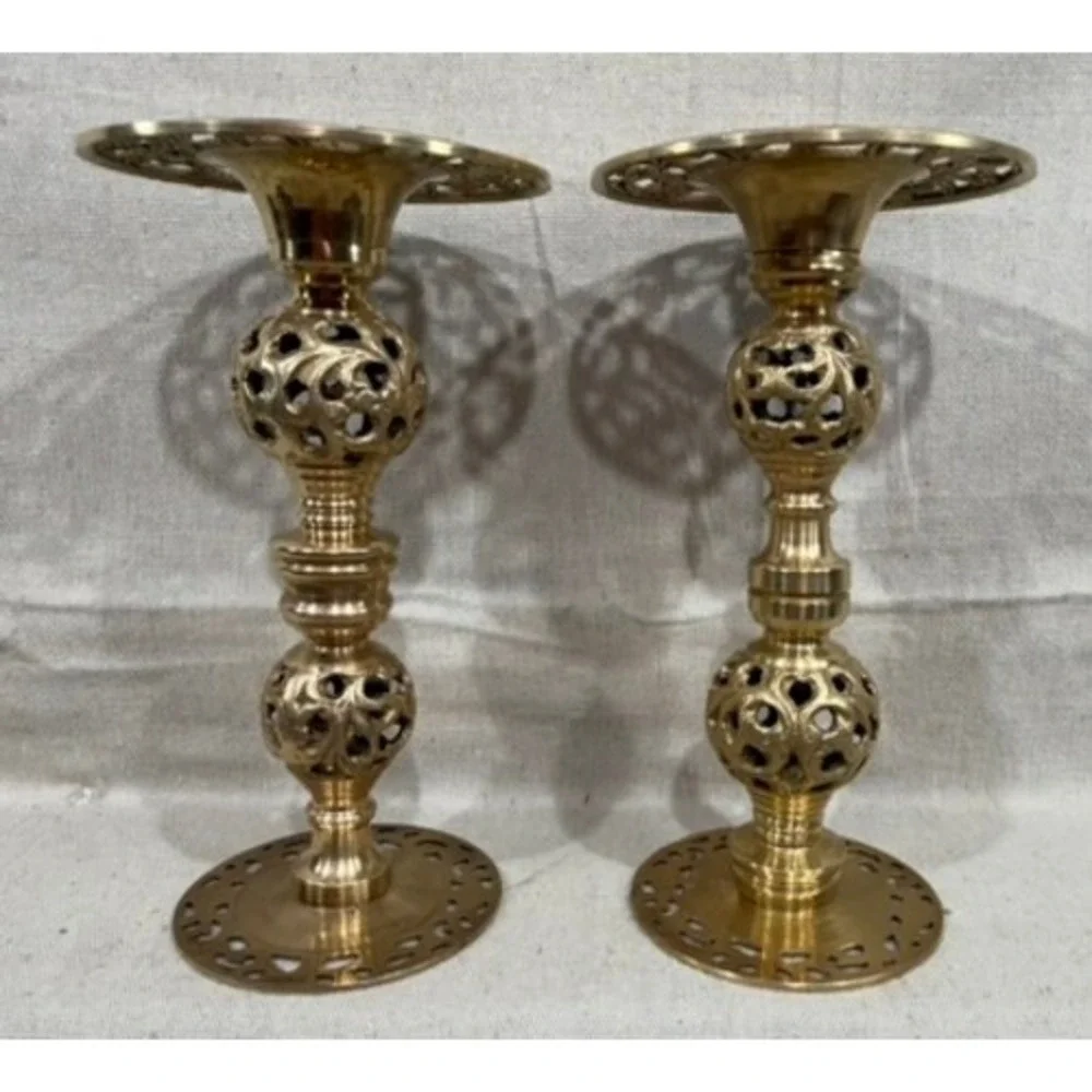 Vintage Brass Openwork Lattice Candlestick Holders Ornate Pierced Set of 2 9in